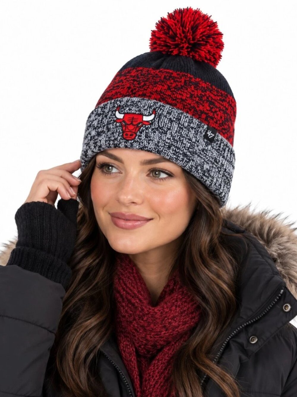 Chicago Bulls Knit Hat '47 Brand Cap Pom Stitched Logo Heather Red Black Gray